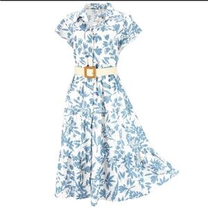 Floral Blue and White Dress with Belt size Large